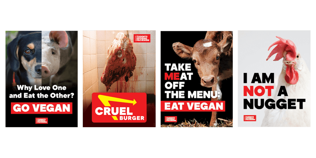 Images of five different protest posters reading "Why love one and eat the other? Go vegan.", "Cruel Burger", "Take meat off the menu: eat vegan", and "I am not a nugget".