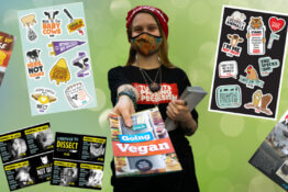 Images of pro-vegan and animal rights leaflets and stickers along with an image of a student handing out a Guide to Going Vegan booklet