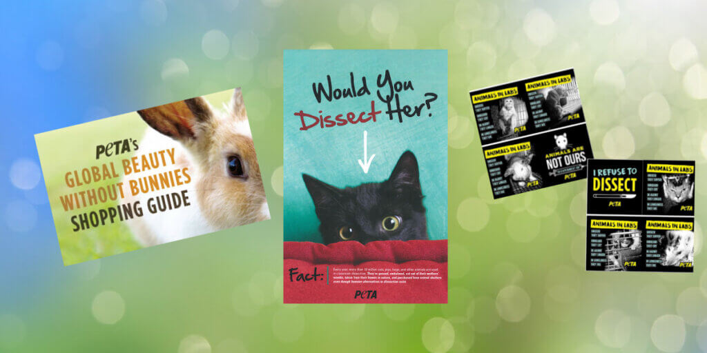 Images of cruelty-free shipping guide, anti-dissection leaflet, and anti-vivisection stickers