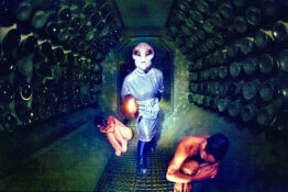 Photo of an alien alongside cowering humans